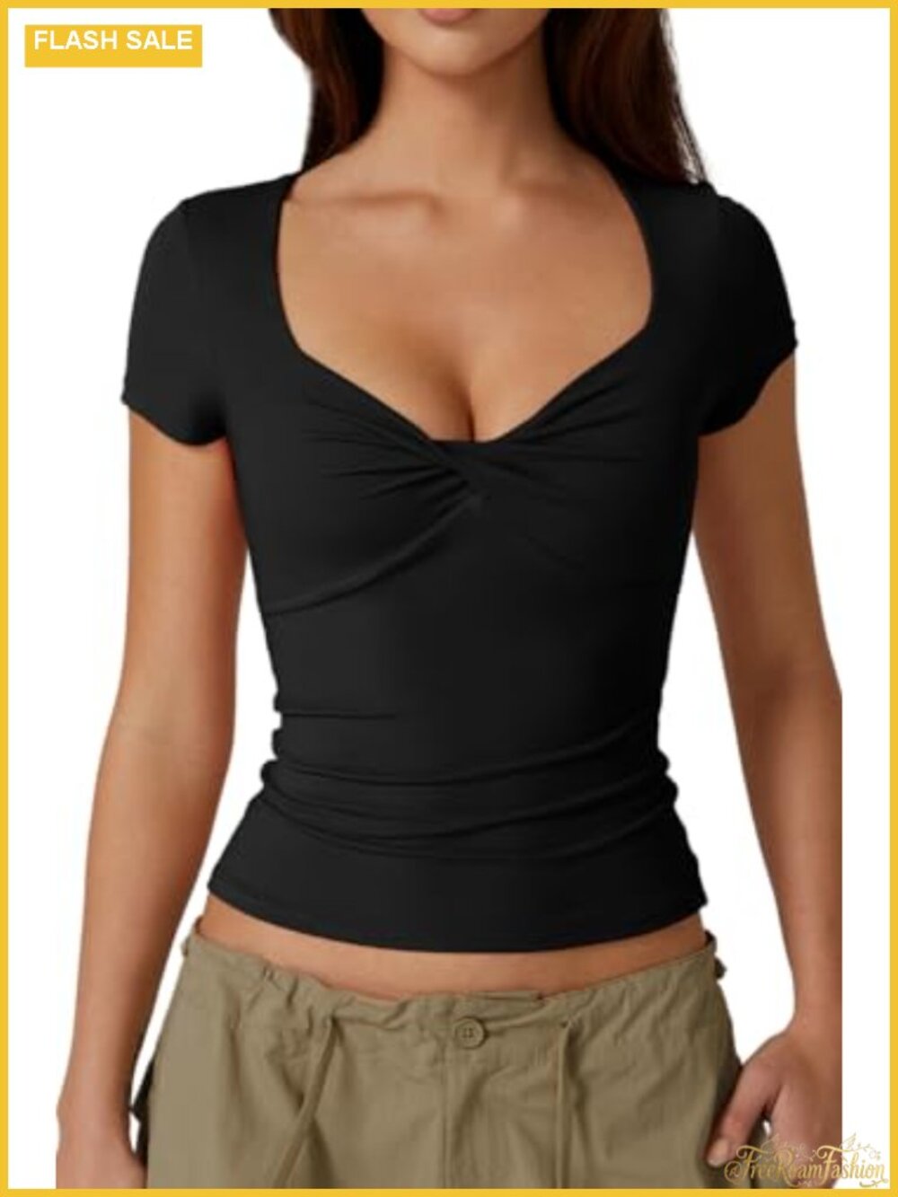 Women's Sexy Twist Front V Neck Crop Top Double Lined Slim Fit Short Sleeve Y2K